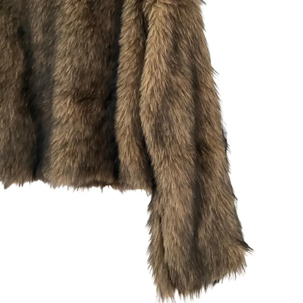 NWT Luxury Sz L Brown Cropped Faux Fur Coat Chic IT Girl Street Style Glam Vibe - Picture 6 of 9